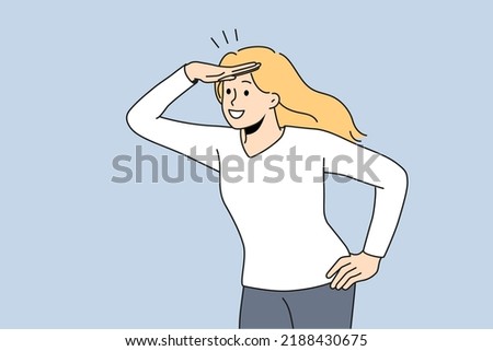 Smiling woman looking in bright future waiting for perspectives. Happy businesswoman excited about new career opportunities and possibilities. Vector illustrations. 