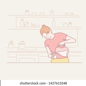 Smiling woman looking down pours water into a glass from decanter. Hand drawn style vector design illustrations.