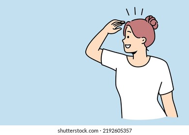 Smiling woman looking in far searching for new perspective and opportunities. Happy female waiting to best to come. Vector illustration. 