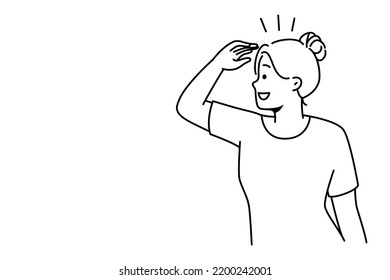 Smiling woman looking in far searching for new perspective and opportunities. Happy female waiting to best to come. Vector illustration. 