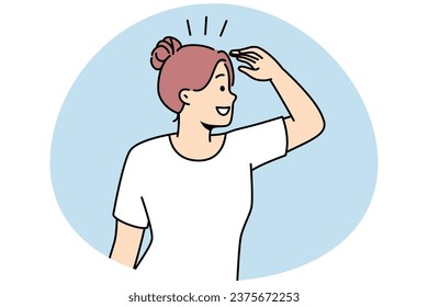 Smiling woman looking in far searching for new perspective and opportunities. Happy female waiting to best to come. Vector illustration.