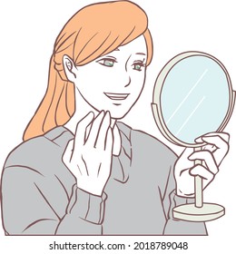A smiling woman looking in a hand mirror.