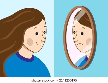 Smiling woman looking at her sad face reflection in the mirror. Anxiety or mental issue concept vector illustration.