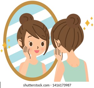 Smiling woman looking at the mirror