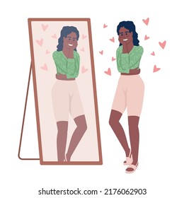 Smiling Woman Looking In Mirror Semi Flat Color Vector Character. Editable Figure. Full Body Person On White. Psychology Simple Cartoon Style Illustration For Web Graphic Design And Animation