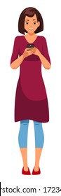 Smiling woman looking on smartphone screen isolated person. Yong girl in casual clothes chatting. Online communication, lifestyle, internet social media concept. Vector character illustration