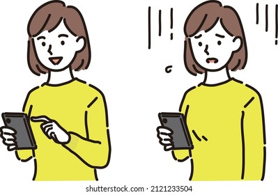 A smiling woman looking at a smartphone and a woman who feels sorry for seeing a smartphone