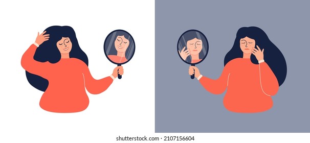 Smiling woman looks at the mirror and see her beautiful reflection. Sad woman doesn't like the way she looks like. Self love, acceptence, confidence, complexes concept. Opposite feelings, mood swings.