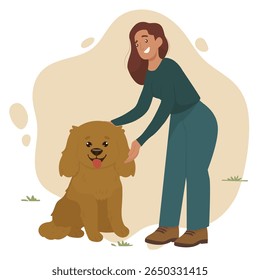 A smiling woman is lovingly petting a happy dog. The vector illustration captures the warm interaction, highlighting a joyful moment shared between the person and the pet.