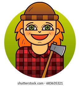 Smiling woman lumberjack in plaid shirt, vector illustration in line art style
