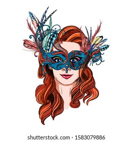Smiling woman in luxury carnival mask with feathers, curly hair, hand drawn vector illustration.