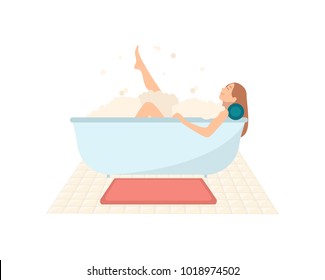 Smiling woman lying in bathtub full of soap foam. Happy female cartoon character taking bath and relaxing. Relaxation during hygienic or spa procedure. Colorful vector illustration in flat style.