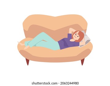 Smiling Woman Lying On Couch Cartoon Vector Illustration. Young Female Have A Rest On Sofa At Home, Lazy Relaxation.