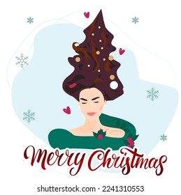 Smiling woman with magic garland lights in hair. Festive  greeting card design.  Merry Christmas lettering. Vector illustration.