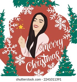 Smiling woman with magic wand waiting for Christmas. Festive  greeting card design.  Merry Christmas lettering. Vector illustration.