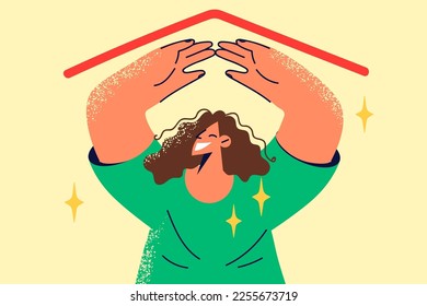 Smiling woman make roof with hands excited with own housing or dwelling. Happy female renter or tenant under rooftop. Real estate. Vector illustration. 