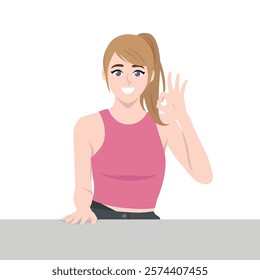 Smiling Woman Making OK Gesture in Casual Pink Outfit. Flat vector Character Illustration