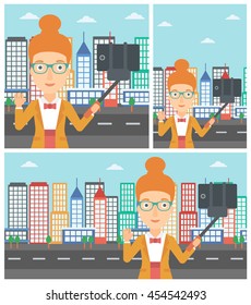Smiling woman making selfie with a selfie-stick. Young woman taking photo with cellphone and waving on a city background. Vector flat design illustration. Square, horizontal, vertical layouts.