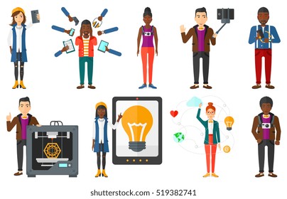 Smiling woman making selfie. Young man taking photo with cellphone. Man looking at smartphone and taking selfie with selfie stick. Set of vector flat design illustrations isolated on white background.