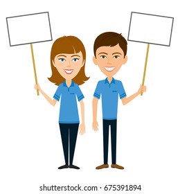 Smiling woman and man in blue shirt. Professional technical service leader and team. Manager with a clean sign in his hand.