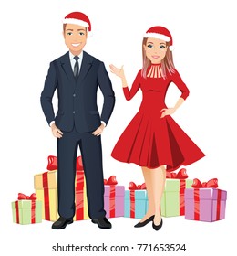 Smiling woman and man congratulate on Christmas with gifts on the background/ flat design, vector cartoon illustration