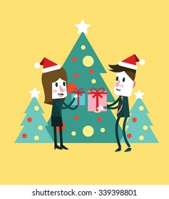 Smiling woman and man with gift box. Christmas and new  year concept. flat design. vector illustration