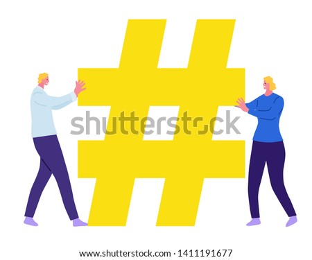 Smiling woman and man holding a hashtag sign social media concept. Vector isolated illustration cartoon flat. Hero image for website.