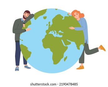 Smiling woman and man hugging the globe. Vector illustration isolated on white background