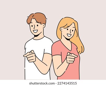 Smiling woman and man point at screen choose audience. Happy people show with finger on screen make choice. Vector illustration. 