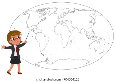 Smiling woman manager or teacher showing something on a black and white world map illustration