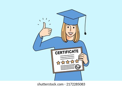 Smiling woman in mantle and hat show thumb up posing with university diploma. Happy girl in robe recommend business school or education course. Vector illustration. 