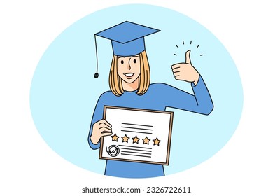 Smiling woman in mantle and hat show thumb up posing with university diploma. Happy girl in robe recommend business school or education course. Vector illustration.