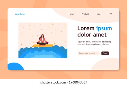 Smiling woman meditating on yoga mat. Cosmos, star, healthcare flat vector illustration. Meditation, wellness and consciousness concept for banner, website design or landing web page