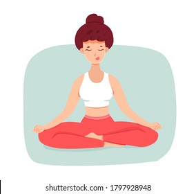 Smiling woman meditating, sitting in lotus position. Girl doing relaxation practice, person isolated on white background. Vector character illustration of body health care, mind balance, concentration