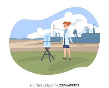 Smiling woman meteorologist working outdoor flat style, vector illustration isolated on white background. Decorative design element, science and weather prognosis