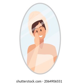 Smiling Woman in mirror. Woman with towel on her head holds hand at face. Self-acceptance and confidence concept. Flat vector illustration for cosmetic skin care concept.