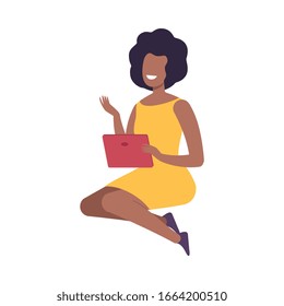 Smiling Woman with Modern Digital Gadget, Girl Sitting on the Floor and Communicating Using Her Tablet Flat Vector Illustration