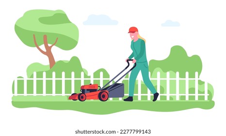 Mujer sonriente cortando hierba con cortadora de césped motor en el jardín. Niña empujando cortadora de césped. Trabajadoras trabajando en plantas de recorte en el patio trasero. Trabajador de jardinería en parque de verano o casa