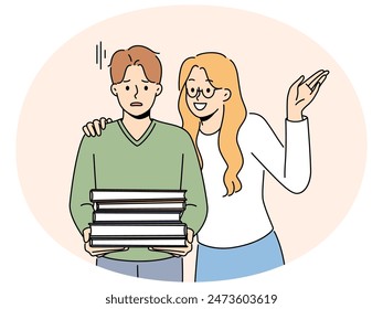 Smiling woman near unhappy stressed man with pile of books tired of studying. Exhausted male with textbook stack for learning near excited friend. Vector illustration.