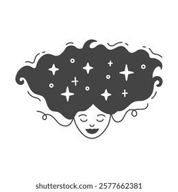 Smiling woman with night sky hair illustration. Vector celestial girl portrait graphic. Surreal face with curls. Astrology Mystic concept design in doodle style