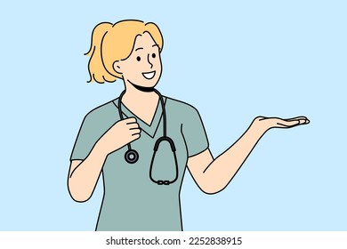 Smiling woman nurse in medical uniform show good deal or offer. Happy female doctor or GP recommend sale or promotion. Medicine and healthcare. Vector illustration. 