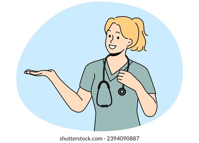 Smiling woman nurse in medical uniform show good deal or offer. Happy female doctor or GP recommend sale or promotion. Medicine and healthcare. Vector illustration.