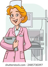 Smiling woman nurse in medical uniform show good deal or offer. Happy female doctor or GP recommend sale or promotion. Medicine and healthcare. Vector illustration.