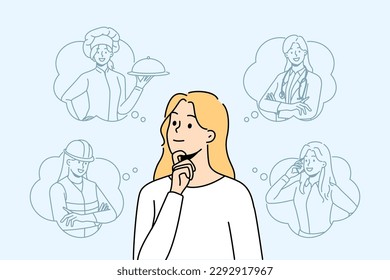 Smiling woman with occupations in speech bubbles think of career option. Happy girl decide choose profession. Vector illustration. 