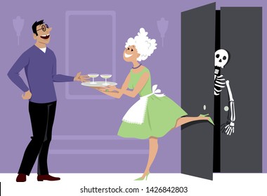 Smiling woman offering cocktails to a guest and shutting a door of a closet with a skeleton inside, EPS 8 vector illustration