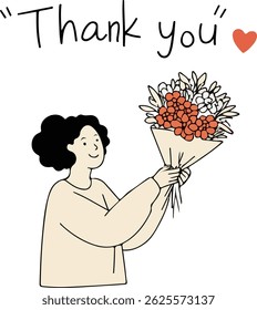 A smiling woman offers a bouquet of flowers with a "Thank you" message and a heart, expressing gratitude and appreciation.
