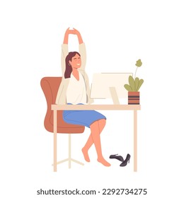 Smiling woman office worker character sitting at desk having rest and doing stretching exercise