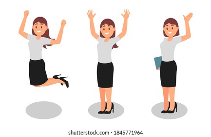 Smiling Woman Office Worker Wearing Formal Clothing Enjoying Success and Cheering Vector Illustration Set