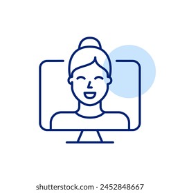 Smiling woman on computer monitor. Video call, virtual face to face communication. Pixel perfect vector icon