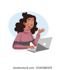 Mulher sorridente no laptop Freelancer na ilustração do trabalho.